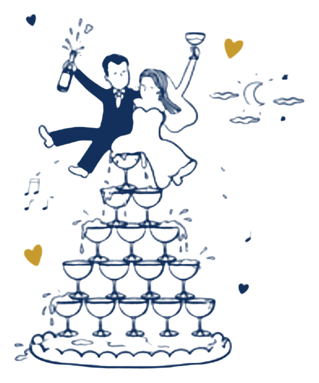 Illustration of the couple toasting above a champagne tower